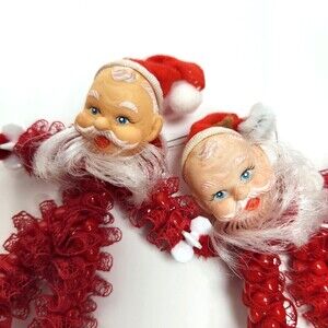 Vintage Rubber Face Santa Claus Ornaments 2 Hand Made Beaded Bendable 4.5 inch